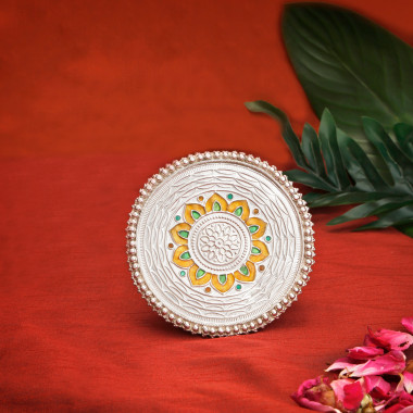 Decorative 925 Silver Singhasan with Yellow Floral Design