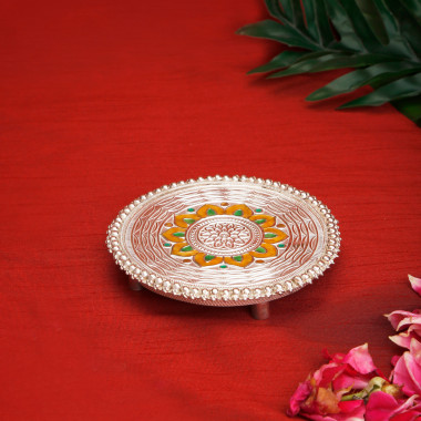 Decorative 925 Silver Singhasan with Yellow Floral Design