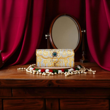 Green Stone Silver Golden Purse